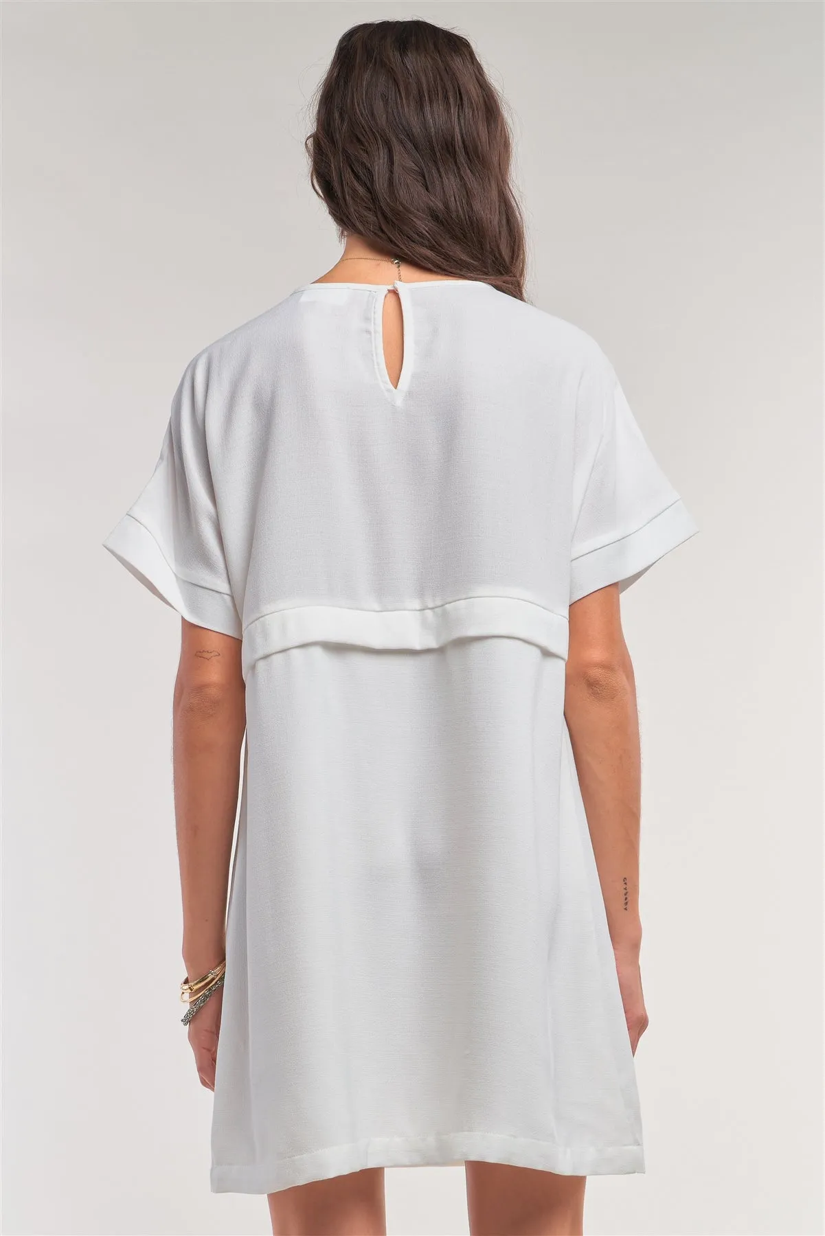 Off-white Short Sleeve Relaxed Fit Draw String Tie Waist Detail Mini Dress