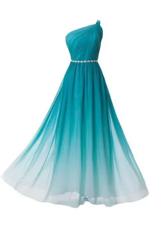 Ombre One Shoulder Long Chiffon Prom/Evening Dress Bodice with Beaded Belt OK233