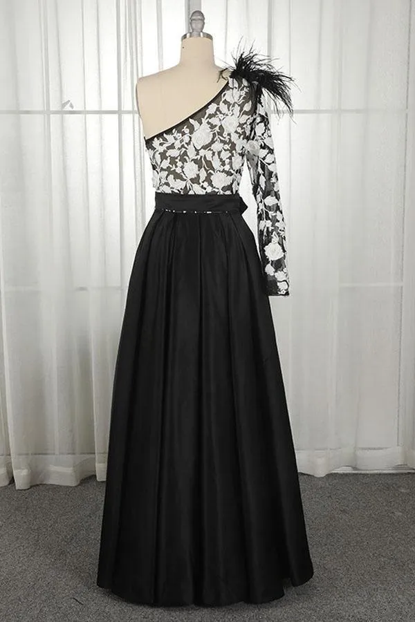 One-Shoulder Black Long Appliqued Split Prom Dress with Pockets Feathers  PSK039