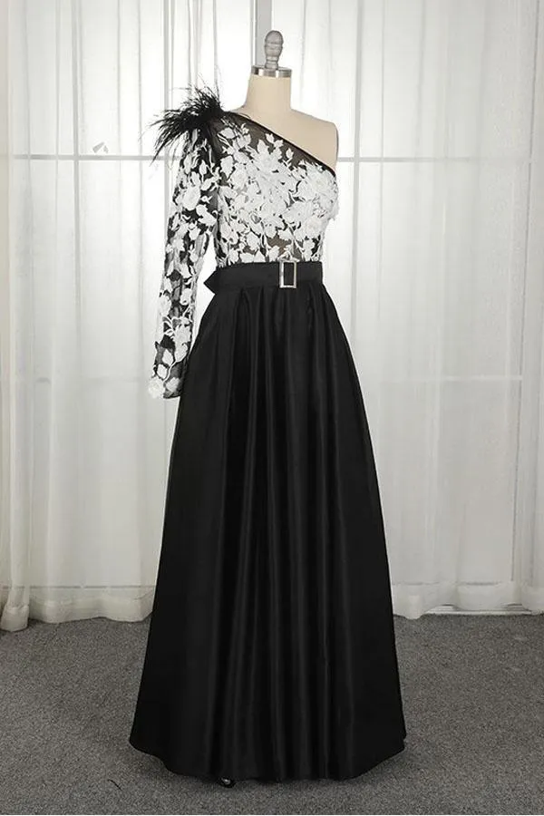 One-Shoulder Black Long Appliqued Split Prom Dress with Pockets Feathers  PSK039