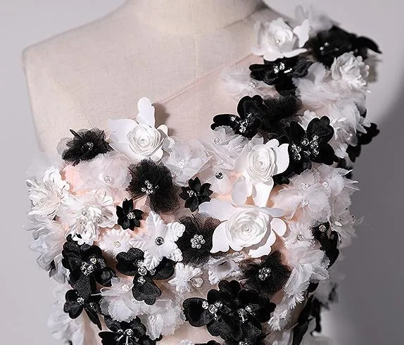One Shoulder Handmade Flower Black A-line Long Evening Prom Dresses,Evening Dresses PDY0231