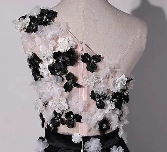 One Shoulder Handmade Flower Black A-line Long Evening Prom Dresses,Evening Dresses PDY0231
