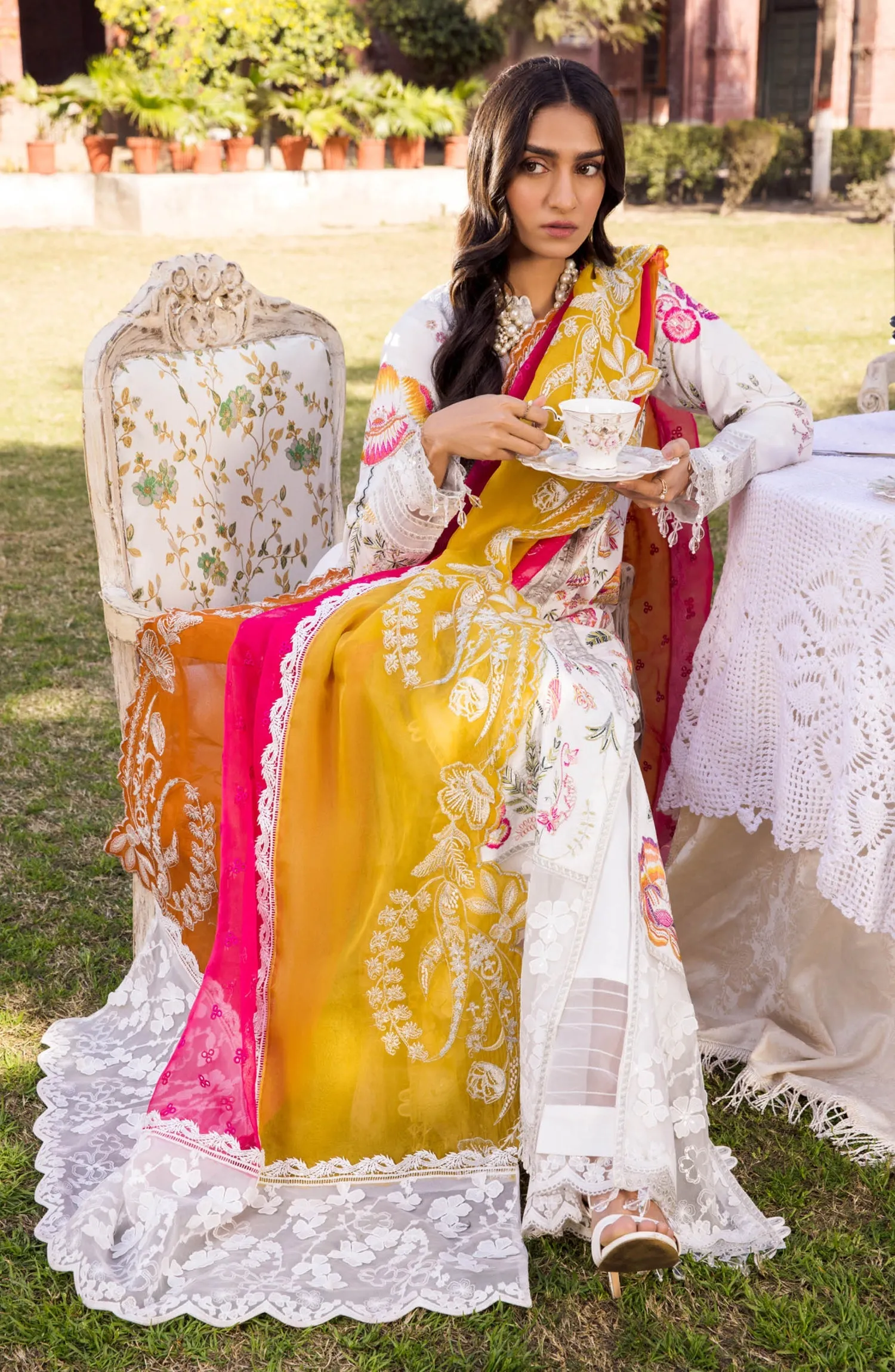 Pakistani White Eid Dress in Kameez and Trouser Style