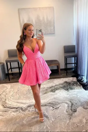 Pink A line V Neck Sequins Short Prom Dresses Homecoming Dress APH0208