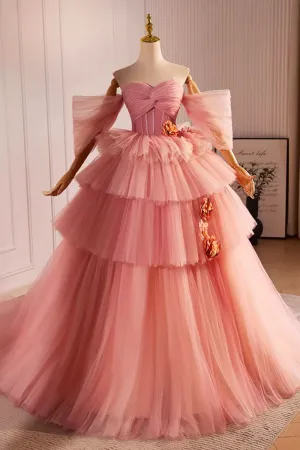 Pink Off the Shoulder Long A Line Ball Gown, Beautiful Tulle Layers Sweet 16 Dress APP0891