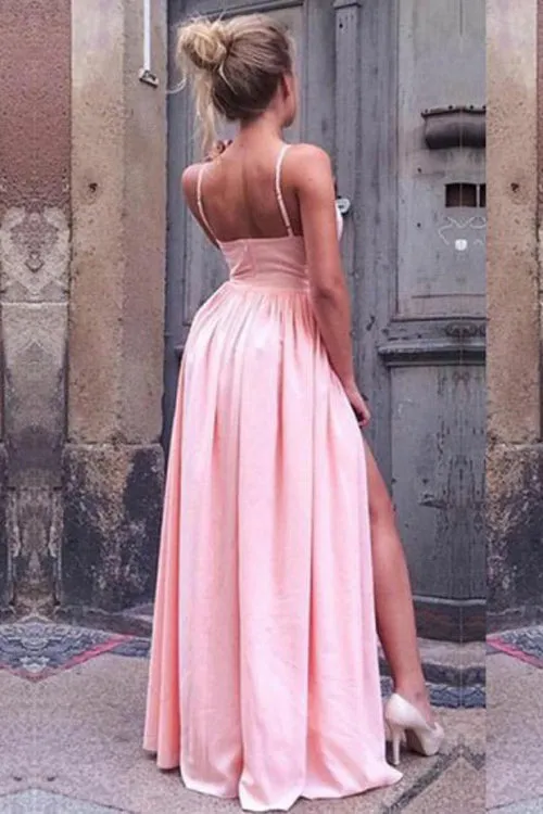 Pink Pleated A-Line Spaghetti Straps Long Prom Dress with High Split, M239