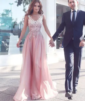 Pink round neck lace long prom dress, pink bridesmaid dresses