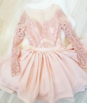 Pink round neck lace short prom dress, pink homecoming dress
