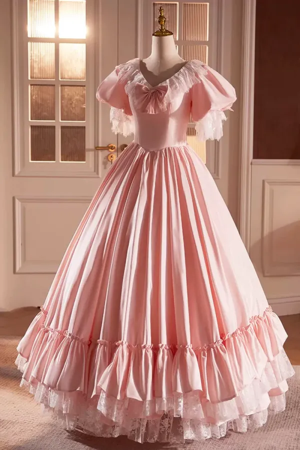 Pink Satin Lace Long Prom Dress, Pink Short Sleeve Evening Party Dress APP0854