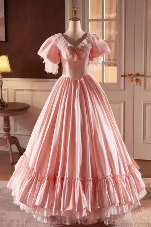 Pink Satin Lace Long Prom Dress, Pink Short Sleeve Evening Party Dress APP0854