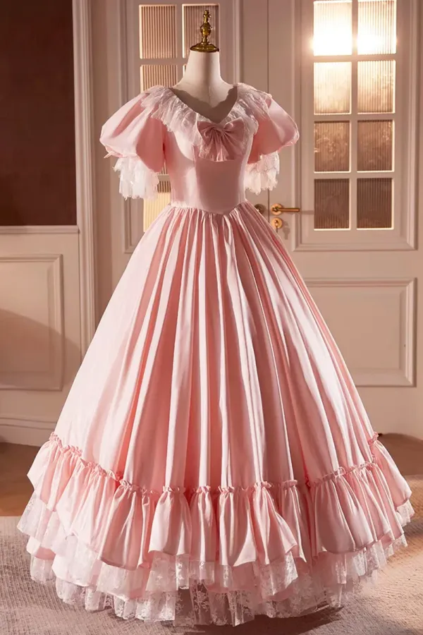 Pink Satin Lace Long Prom Dress, Pink Short Sleeve Evening Party Dress APP0854