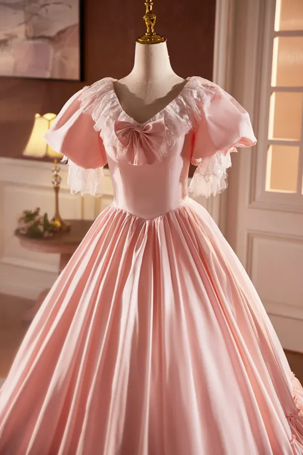Pink Satin Lace Long Prom Dress, Pink Short Sleeve Evening Party Dress APP0854