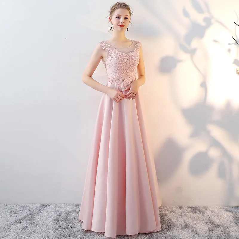Pink Satin with Lace Top Beaded A-line Prom Dress, Pink Stain New Evening Dresses