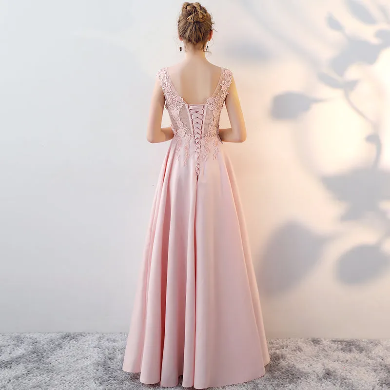 Pink Satin with Lace Top Beaded A-line Prom Dress, Pink Stain New Evening Dresses