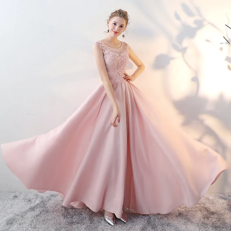 Pink Satin with Lace Top Beaded A-line Prom Dress, Pink Stain New Evening Dresses