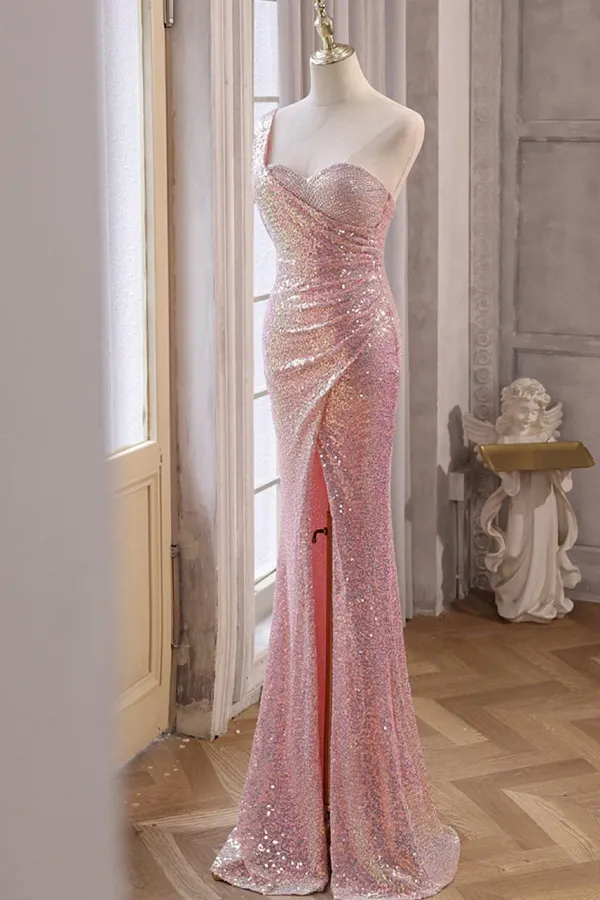 Pink Sequins Mermaid Sweetheart Long Prom Dress, Pink Sequins Evening Dress APP0882