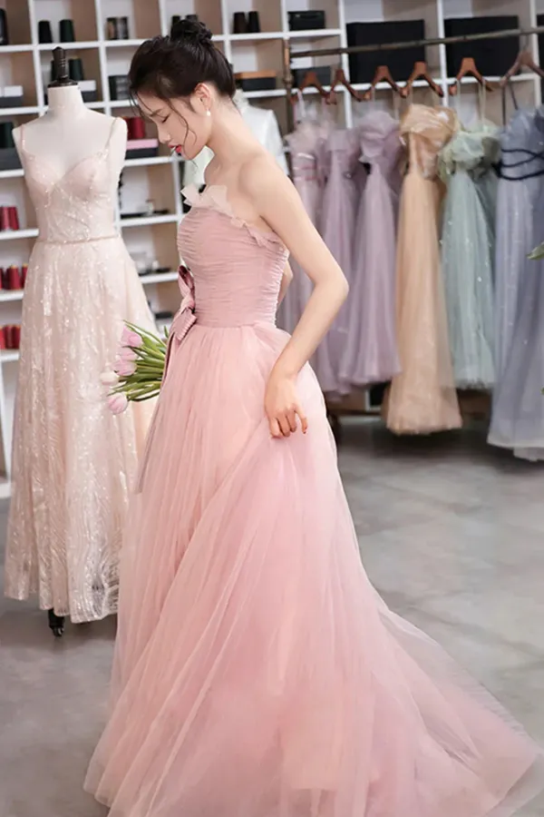 Pink Strapless Tulle Long Prom Dress, Sweet A Line Party Evening Dress APP0937