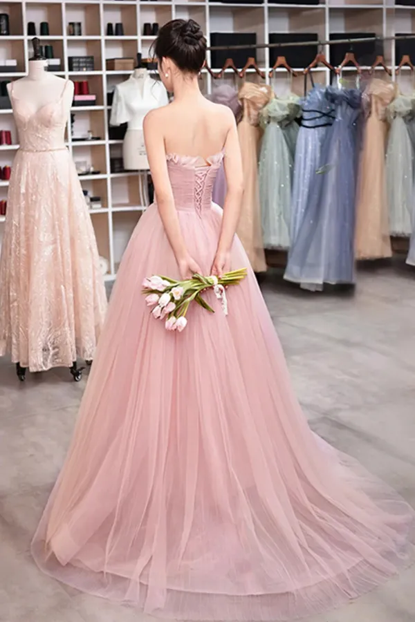 Pink Strapless Tulle Long Prom Dress, Sweet A Line Party Evening Dress APP0937