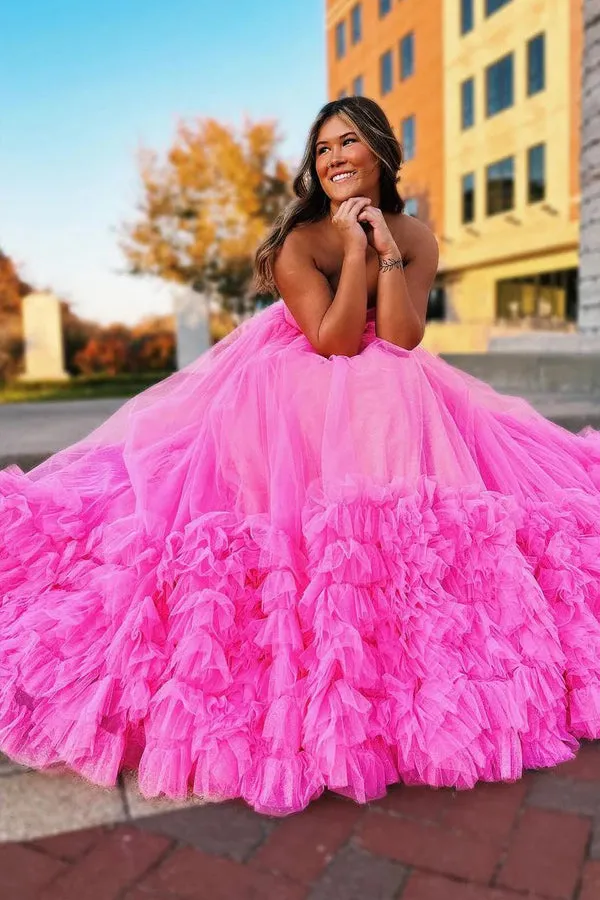 Pink Sweetheart Tiered Tulle Long Prom Dresses Formal Dresses TP1258