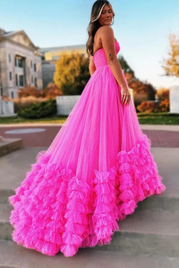 Pink Sweetheart Tiered Tulle Long Prom Dresses Formal Dresses TP1258