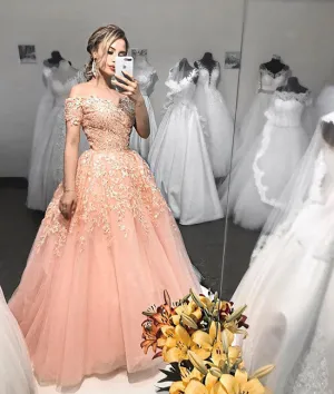Pink tulle lace off shoulder long prom dress, pink evening dress