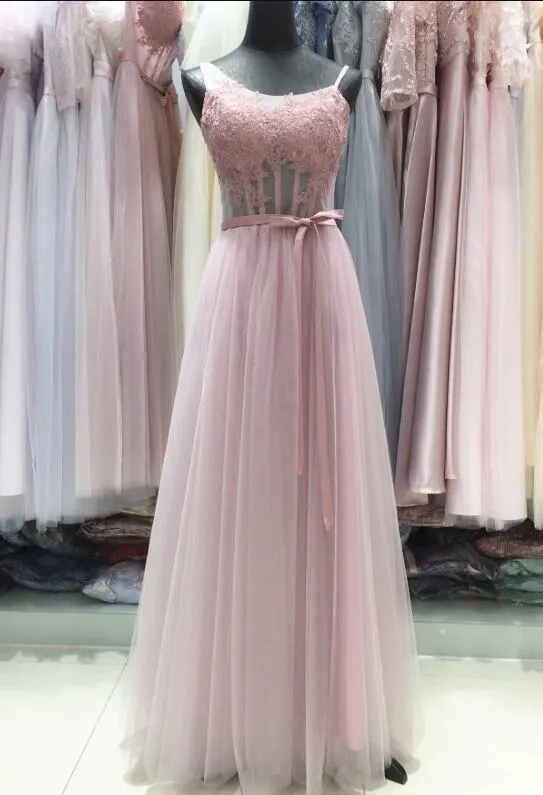 Pink Tulle with Lace Applique A-line Long Formal Gown, Pink Party Dress , Formal Gown