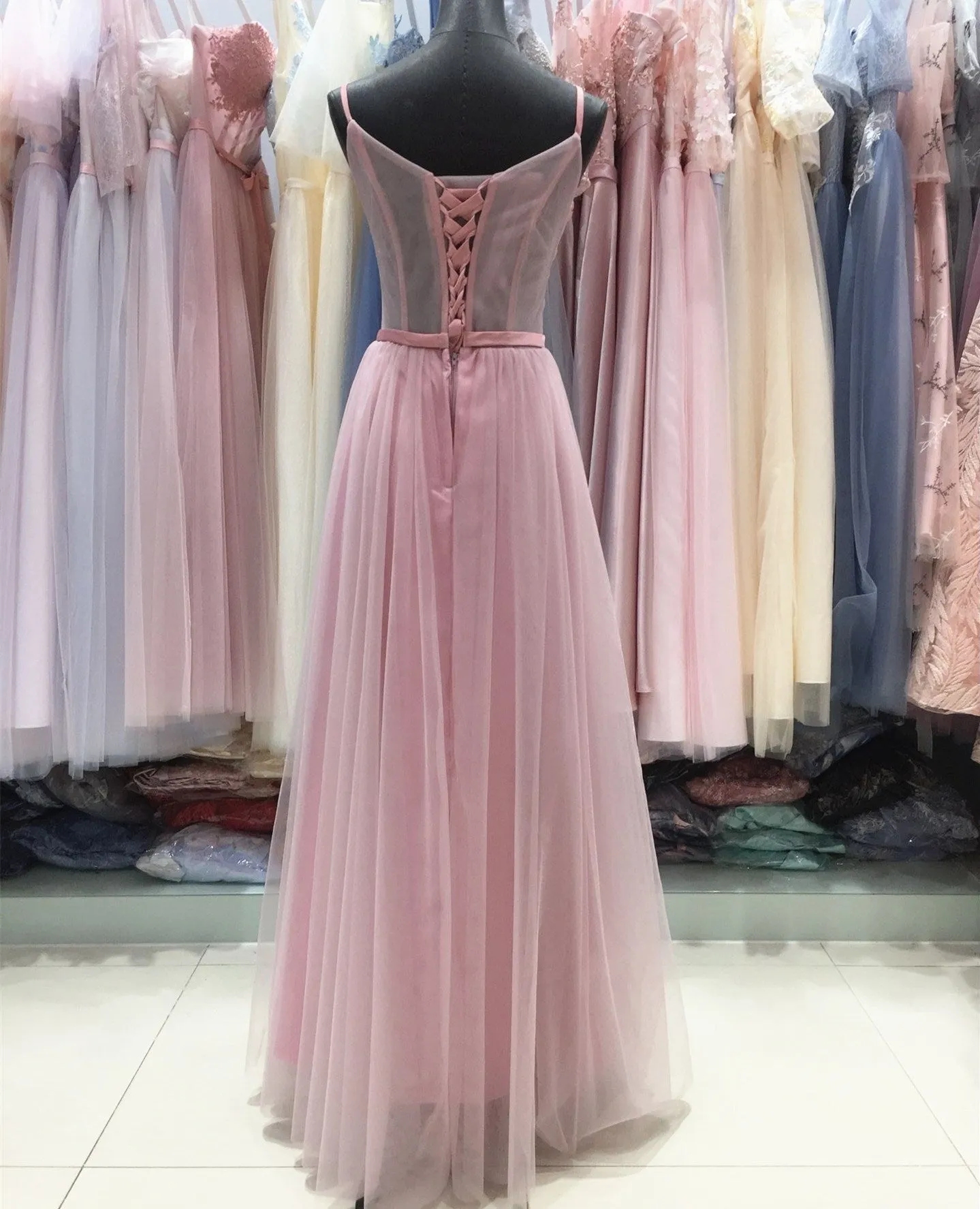 Pink Tulle with Lace Applique A-line Long Formal Gown, Pink Party Dress , Formal Gown