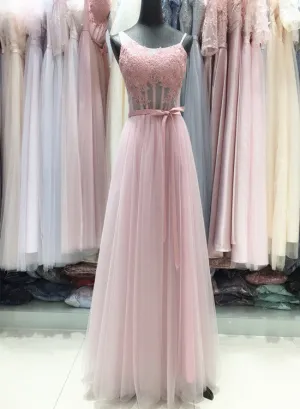 Pink Tulle with Lace Applique A-line Long Formal Gown, Pink Party Dress , Formal Gown