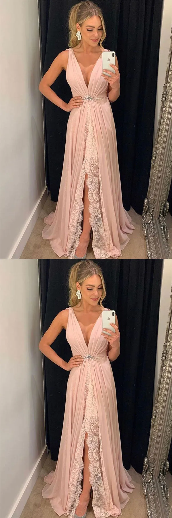 Pink v neck chiffon lace long prom dress, pink evening dress