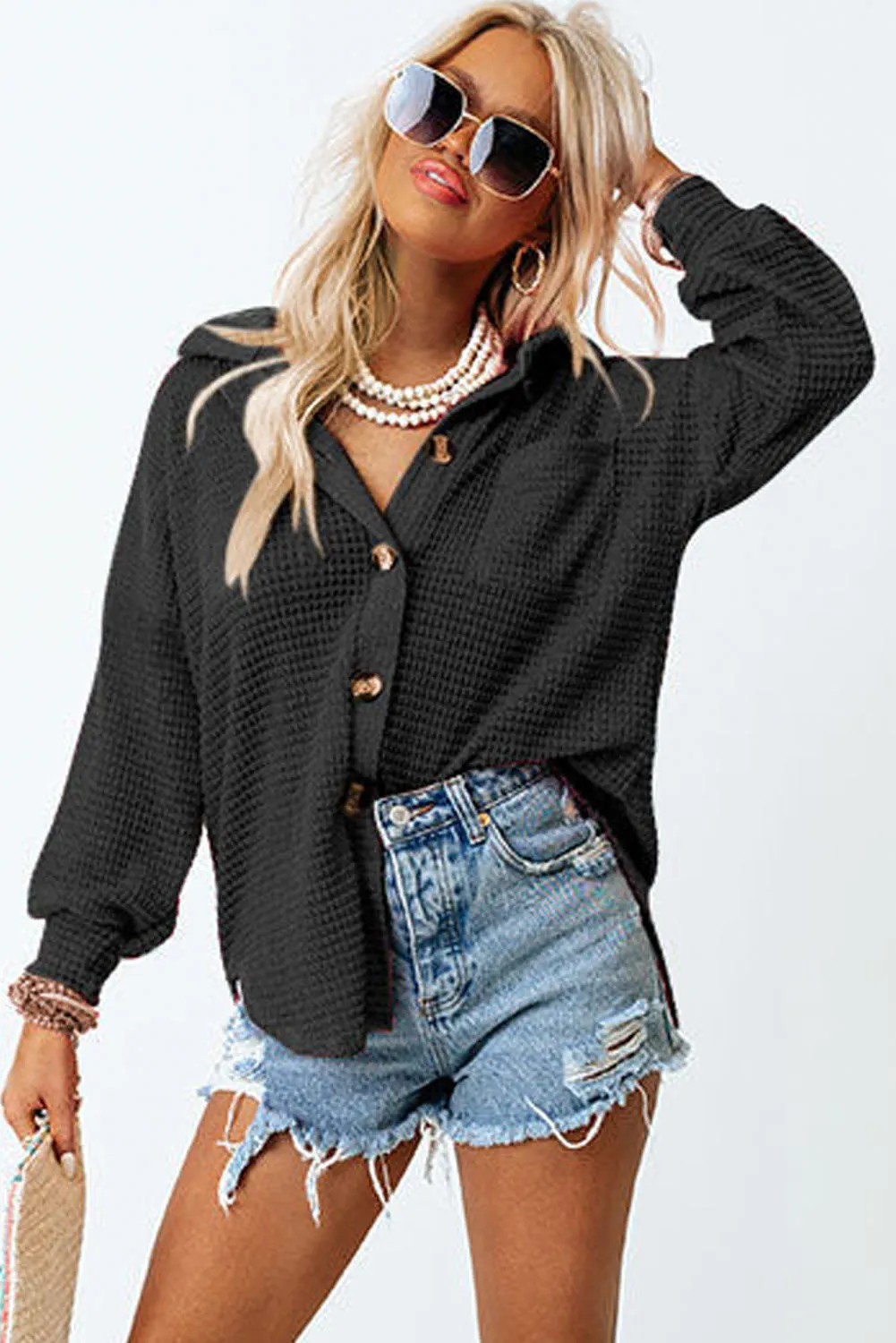Pink Waffle Knit Button Up Casual Shirt