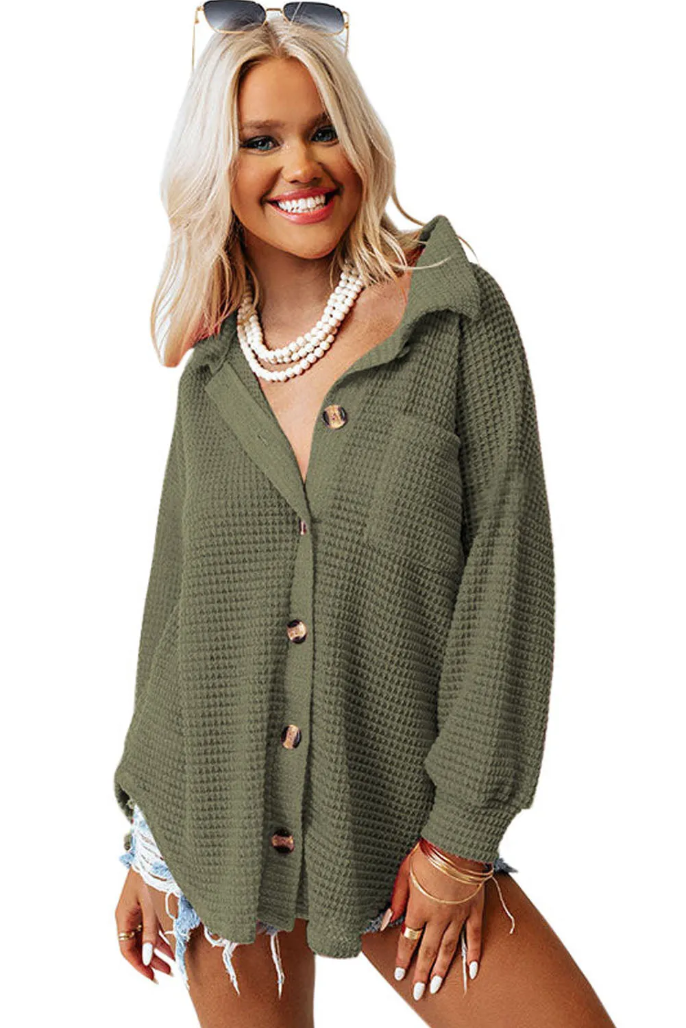 Pink Waffle Knit Button Up Casual Shirt