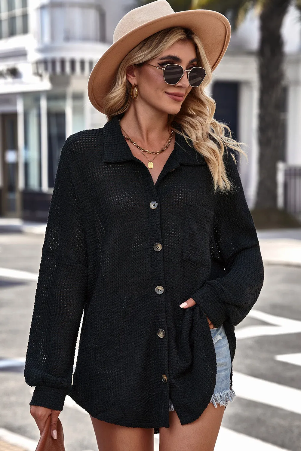 Pink Waffle Knit Button Up Casual Shirt