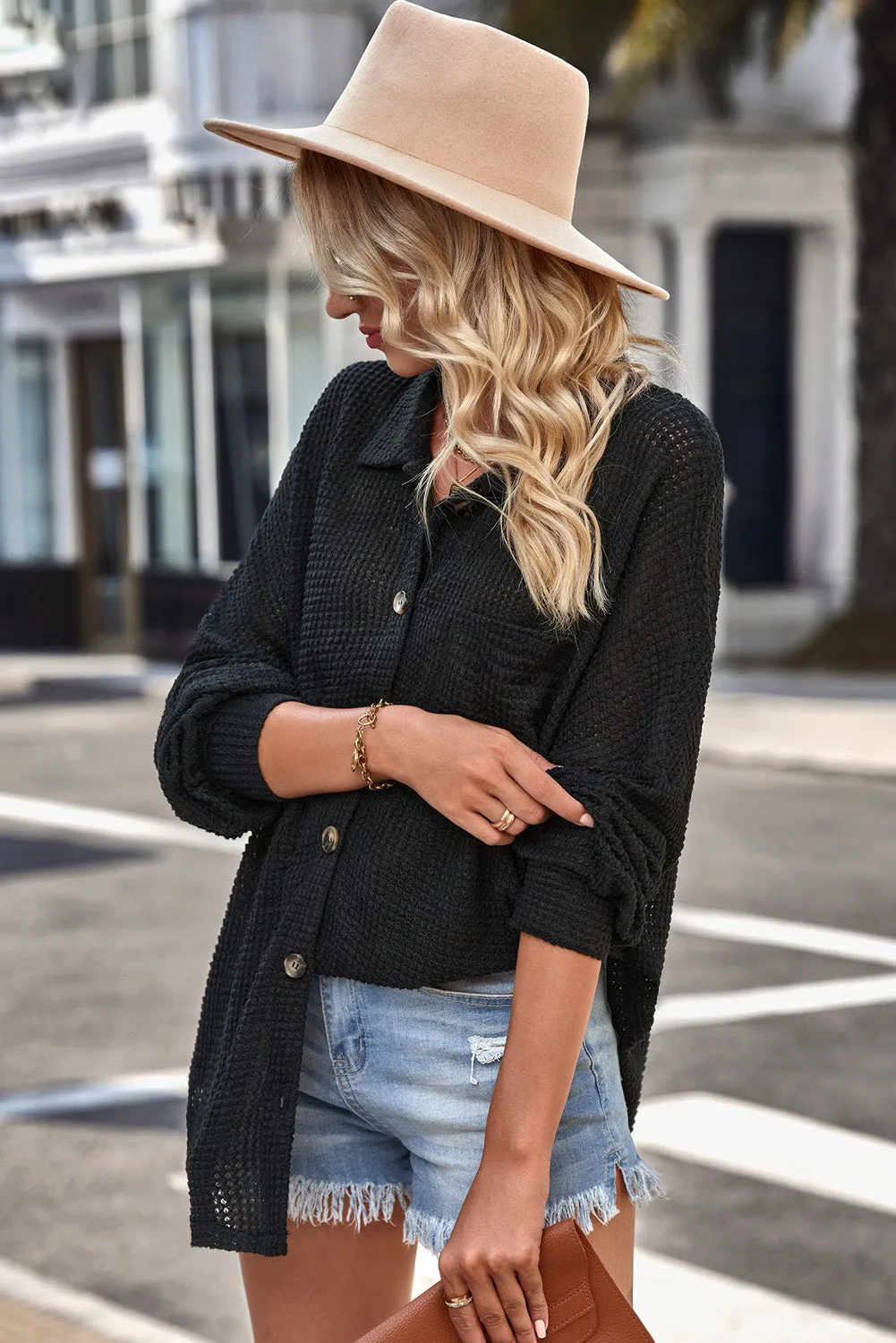 Pink Waffle Knit Button Up Casual Shirt