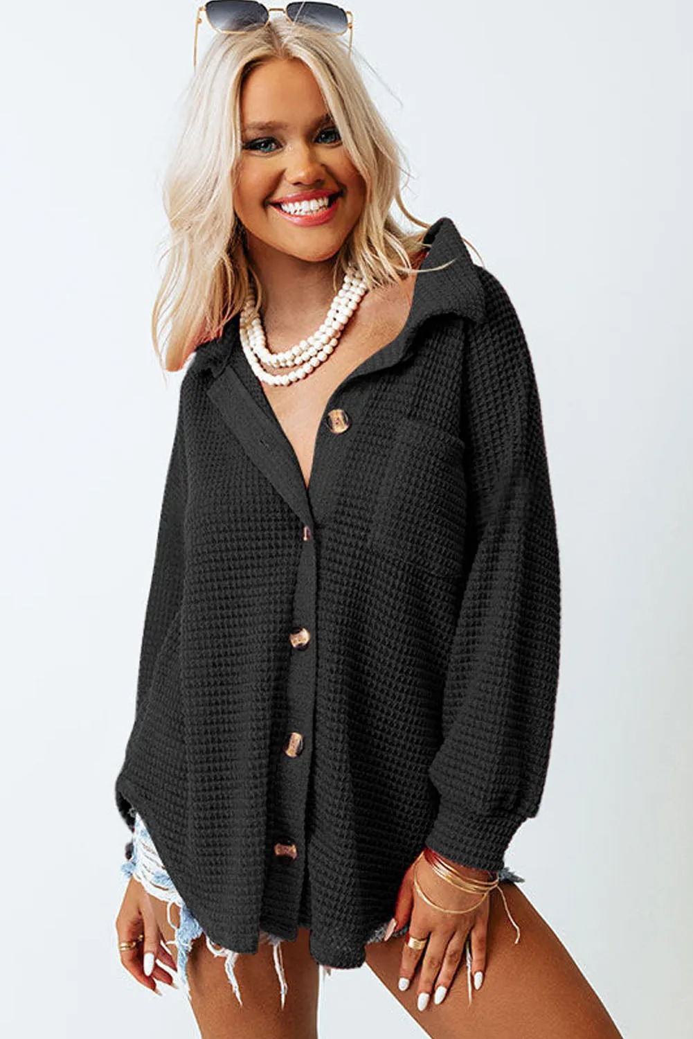 Pink Waffle Knit Button Up Casual Shirt