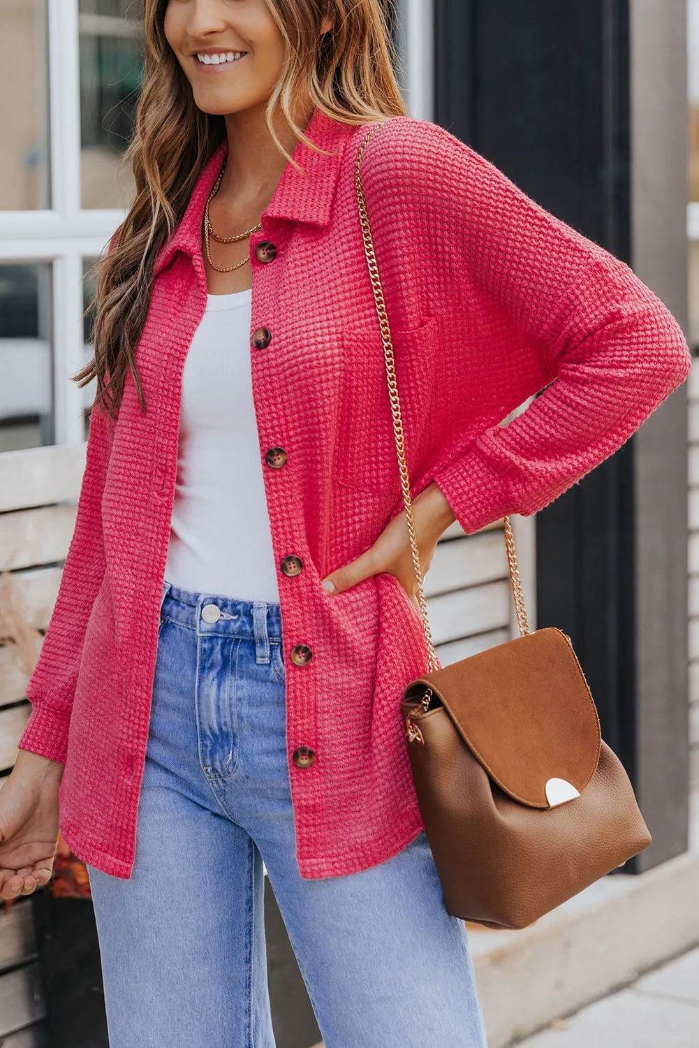 Pink Waffle Knit Button Up Casual Shirt