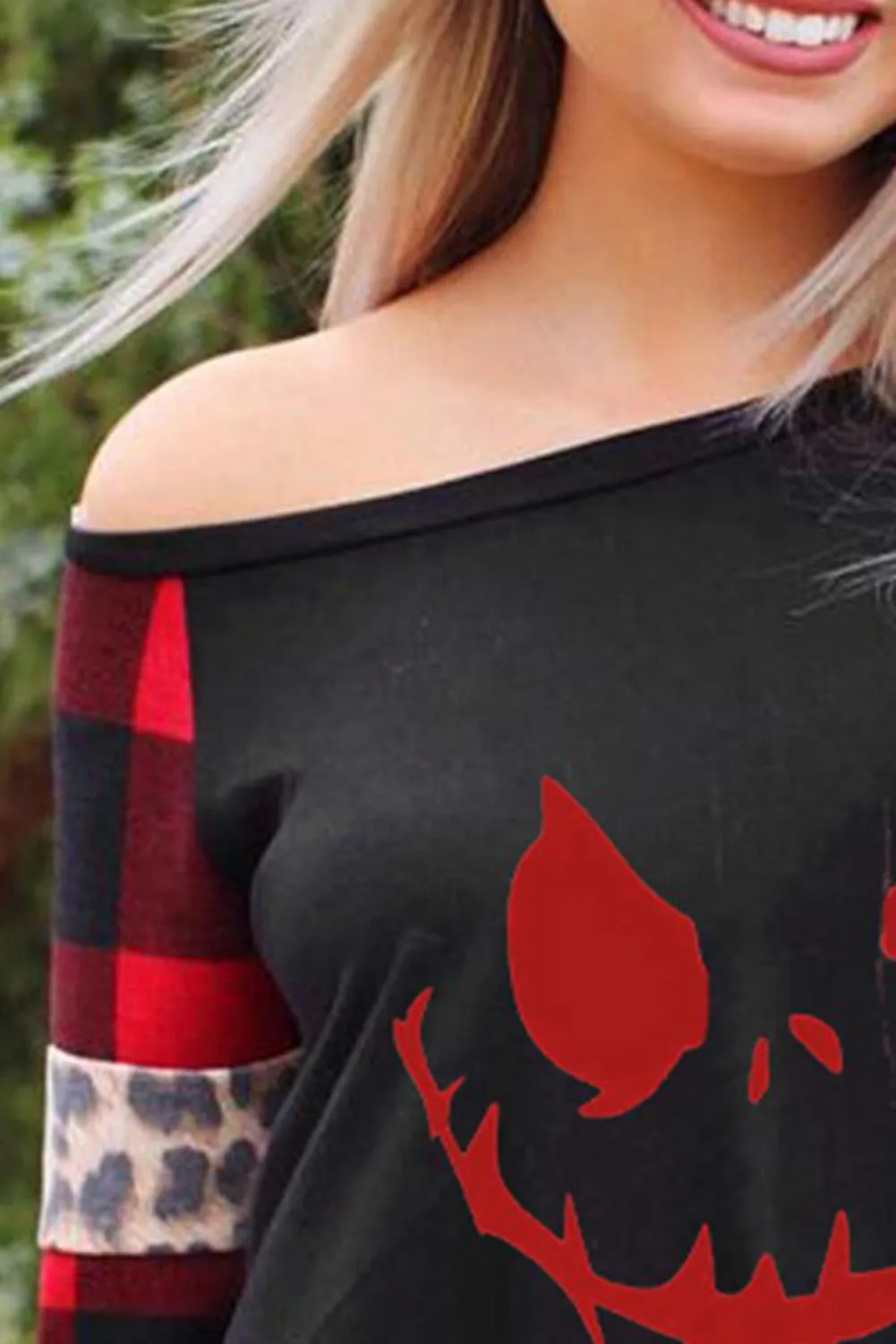 Plaid Leopard Sleeve Halloween Ghost Print Top