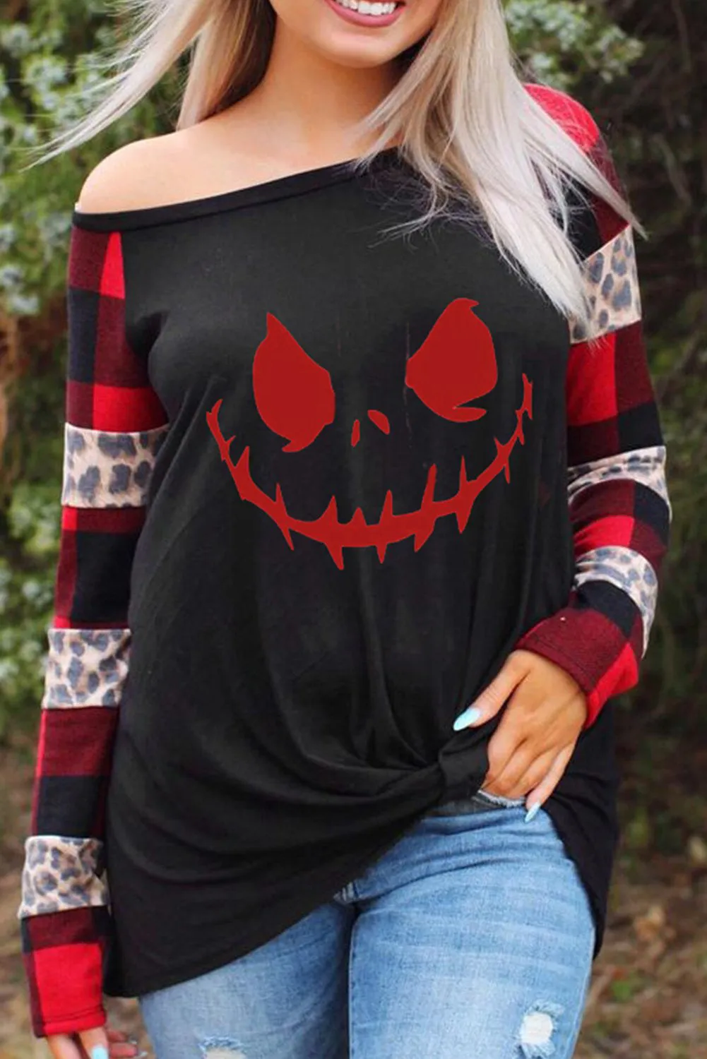 Plaid Leopard Sleeve Halloween Ghost Print Top