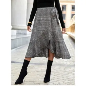 Plaid Ruffle Trim Wrap Knot Side Skirt