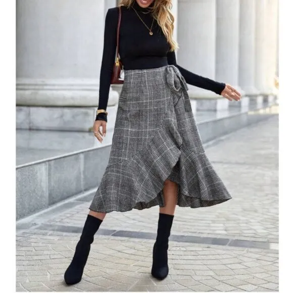 Plaid Ruffle Trim Wrap Knot Side Skirt