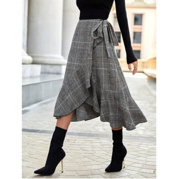 Plaid Ruffle Trim Wrap Knot Side Skirt