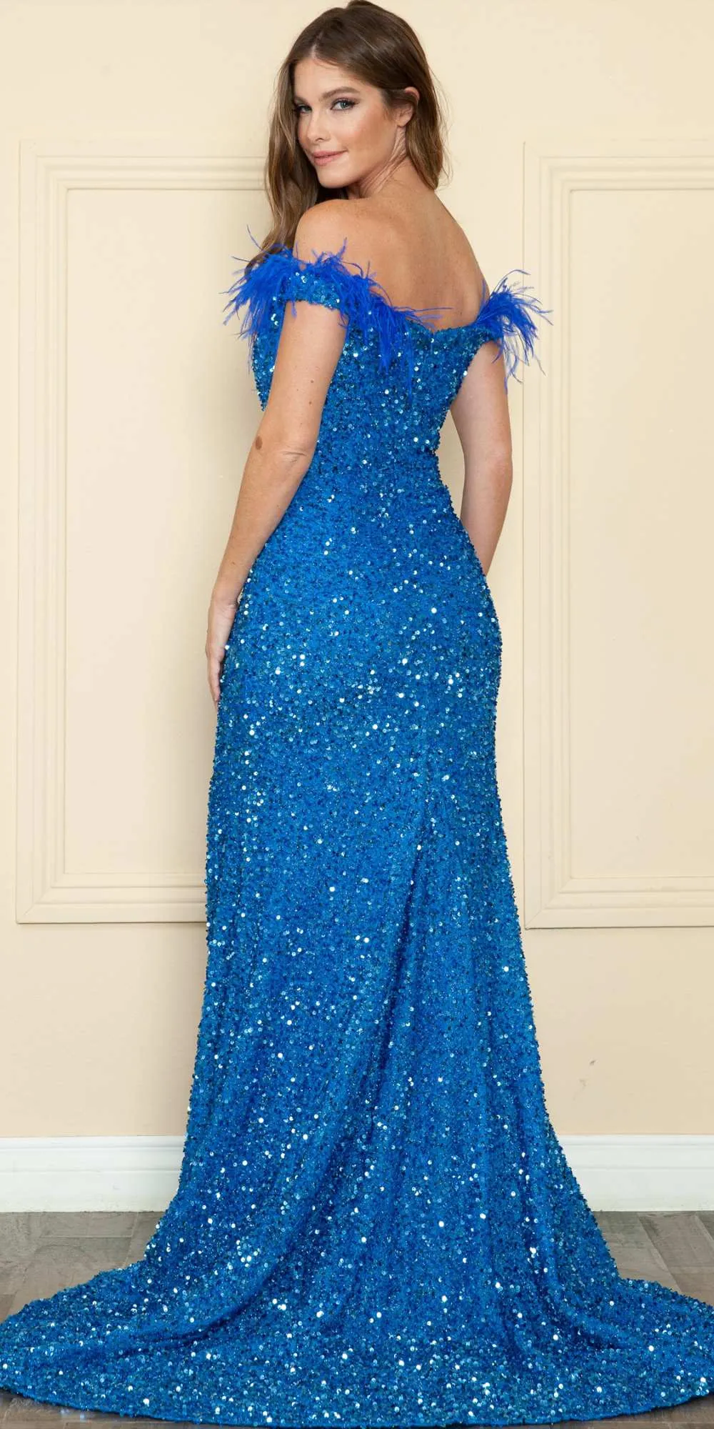 Poly USA 8980 Long Fitted Off the Shoulder Feather Sequin Dress with Slit
