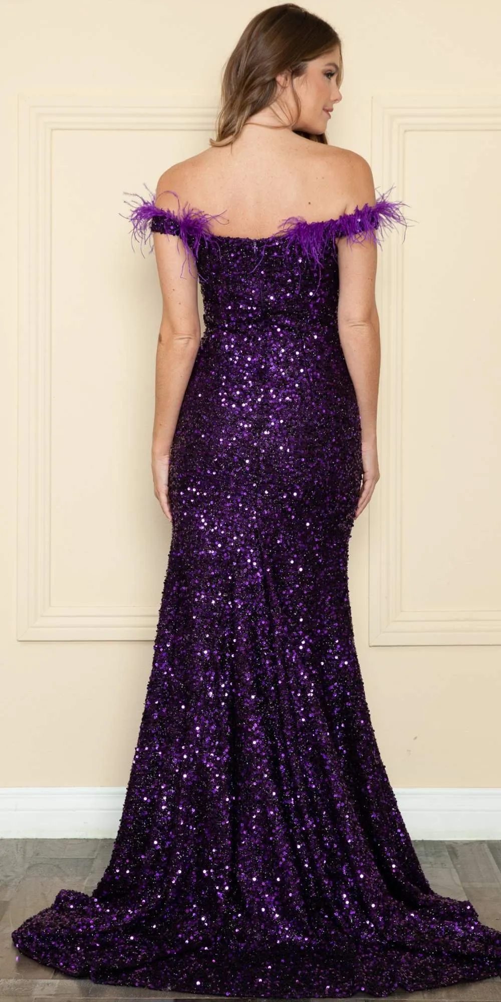 Poly USA 8980 Long Fitted Off the Shoulder Feather Sequin Dress with Slit