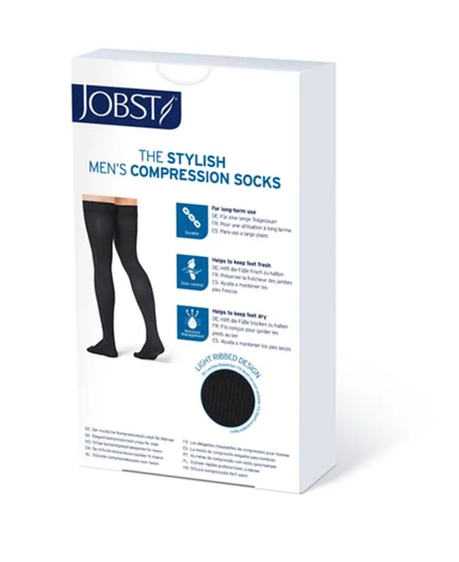 PR/1 JOBST MEDICAL LEG WEAR, MEN, RIBBED, THIGH HIGH W/SIL DOT BAND, 20-30MMHG, SM, BLACK, CLOSED TOE