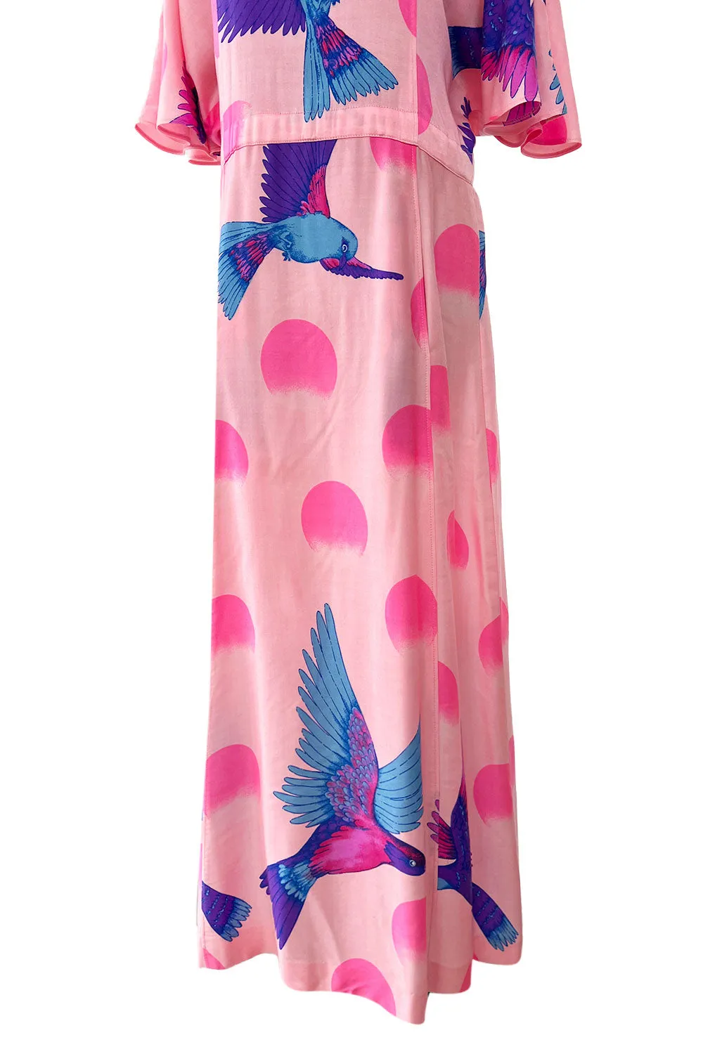 Prettiest 1970s Hanae Mori Pink Cotton Bird Print Dress w Wide Caped Sleeves