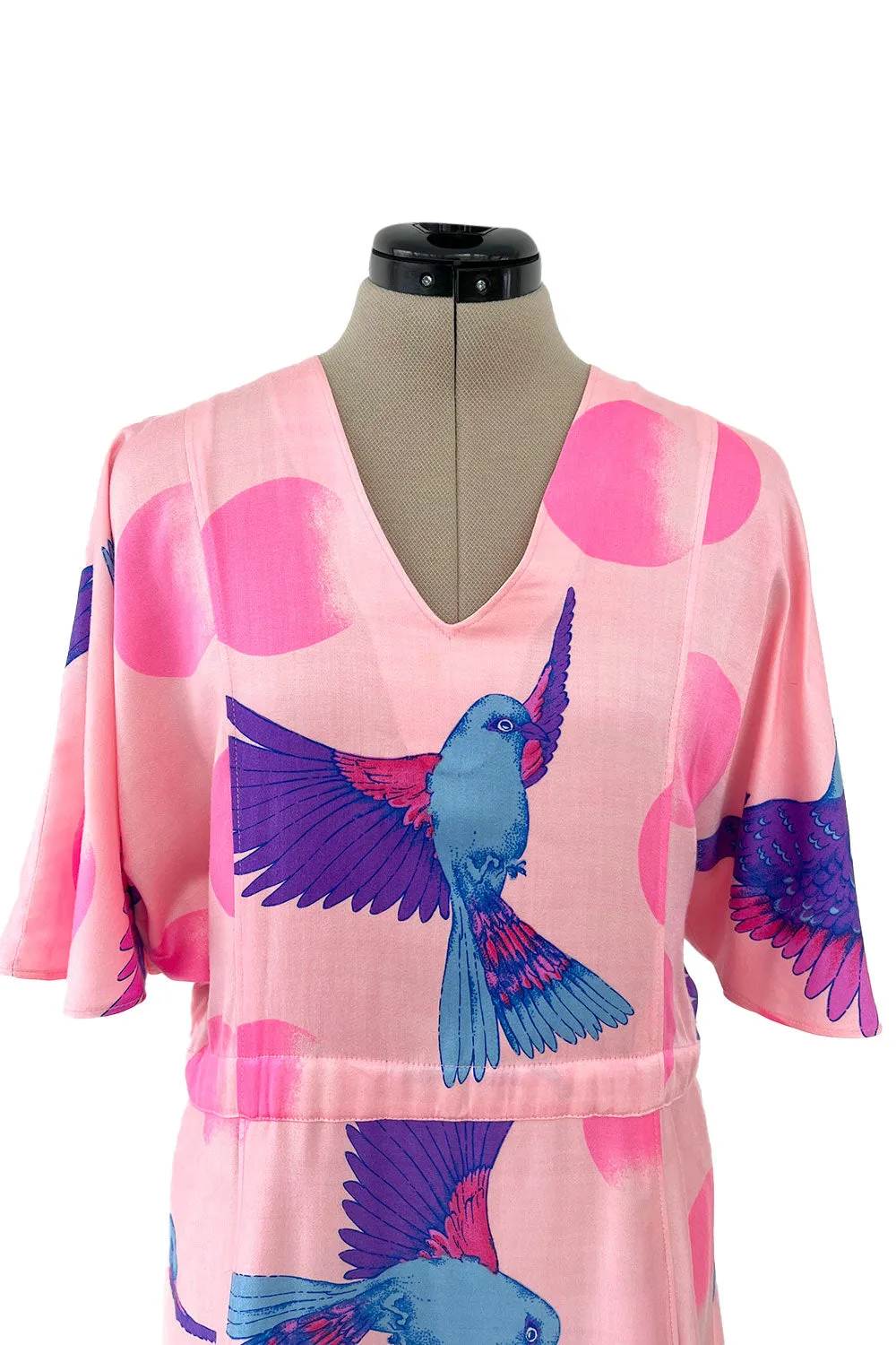 Prettiest 1970s Hanae Mori Pink Cotton Bird Print Dress w Wide Caped Sleeves