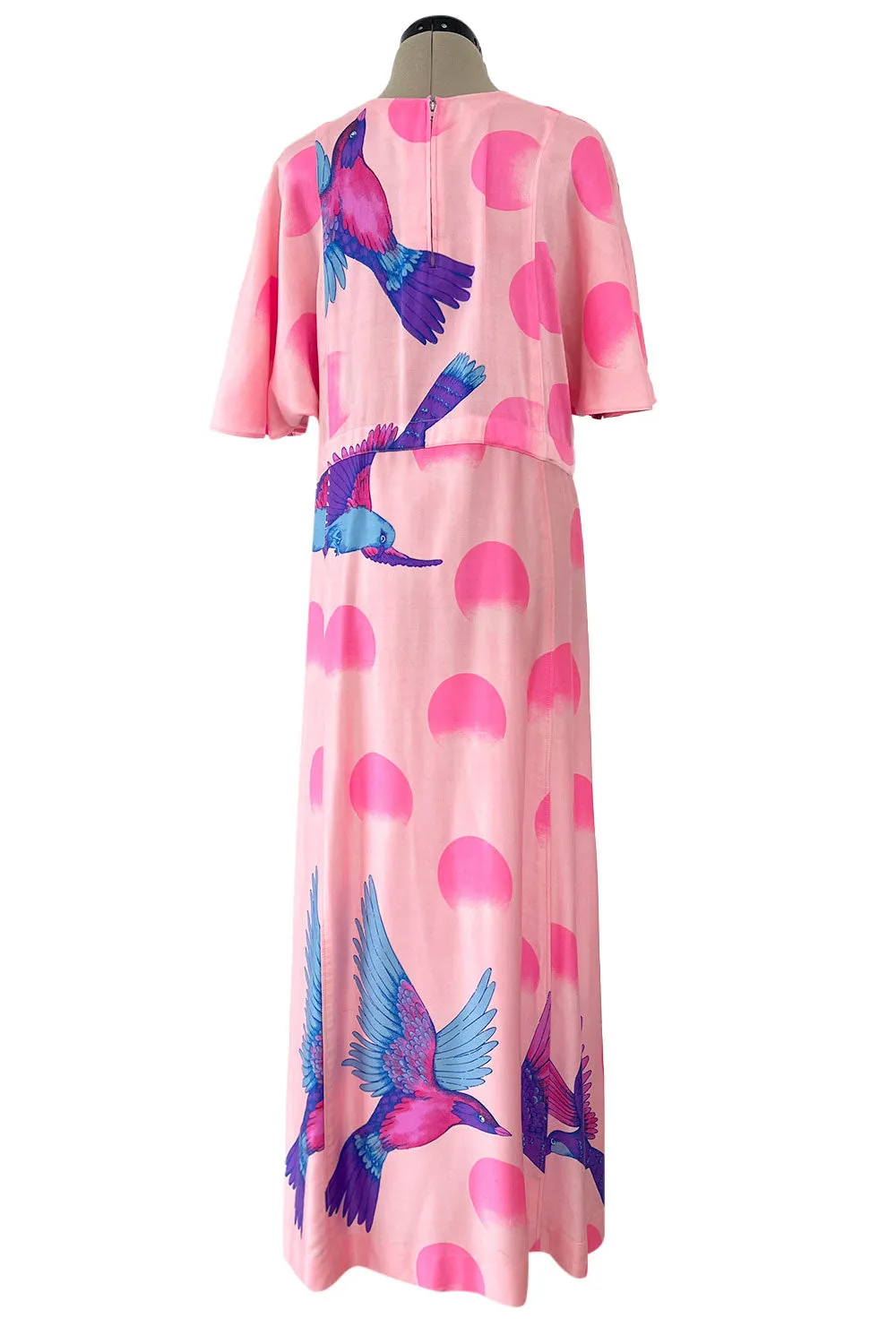 Prettiest 1970s Hanae Mori Pink Cotton Bird Print Dress w Wide Caped Sleeves