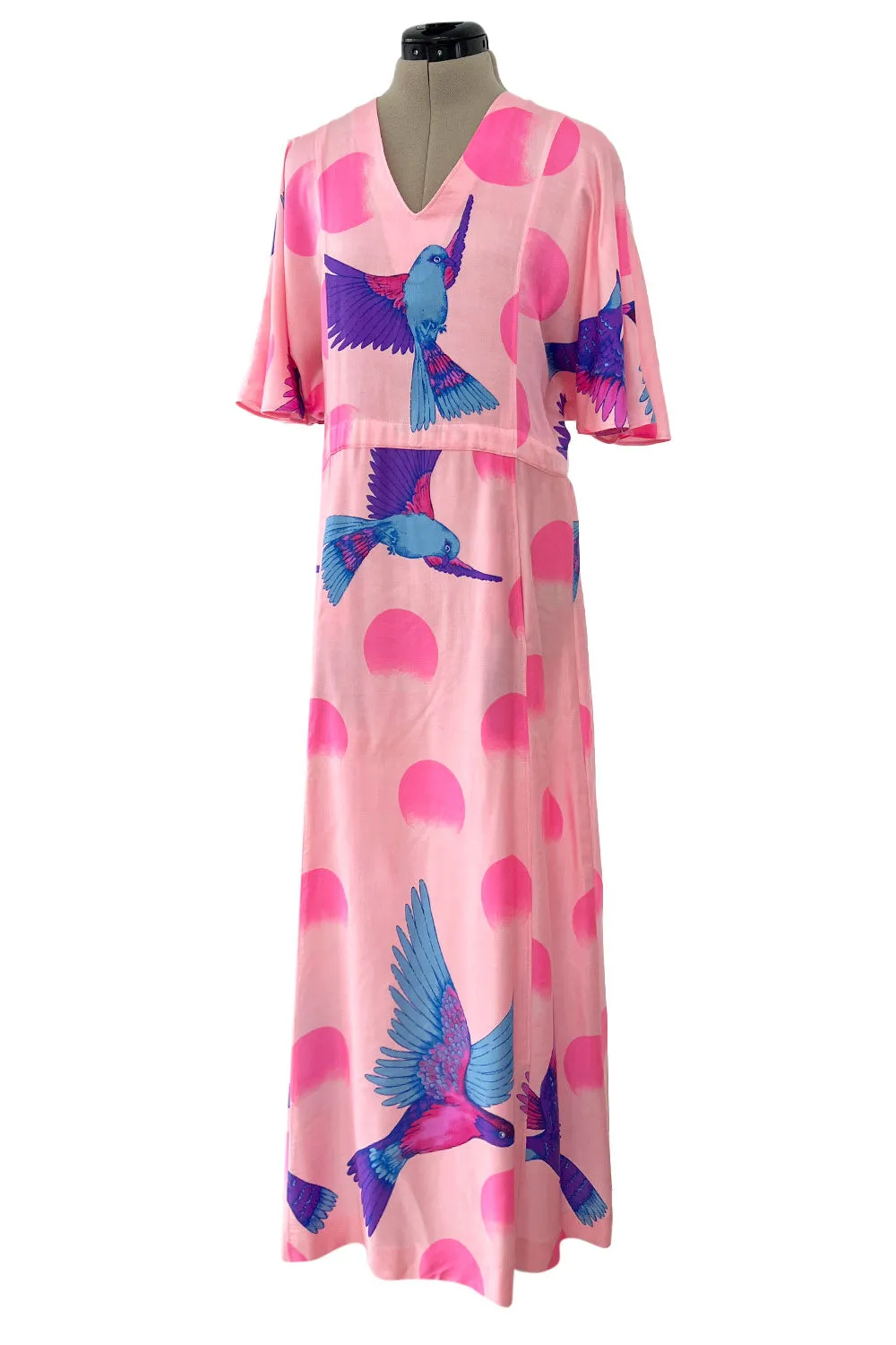 Prettiest 1970s Hanae Mori Pink Cotton Bird Print Dress w Wide Caped Sleeves