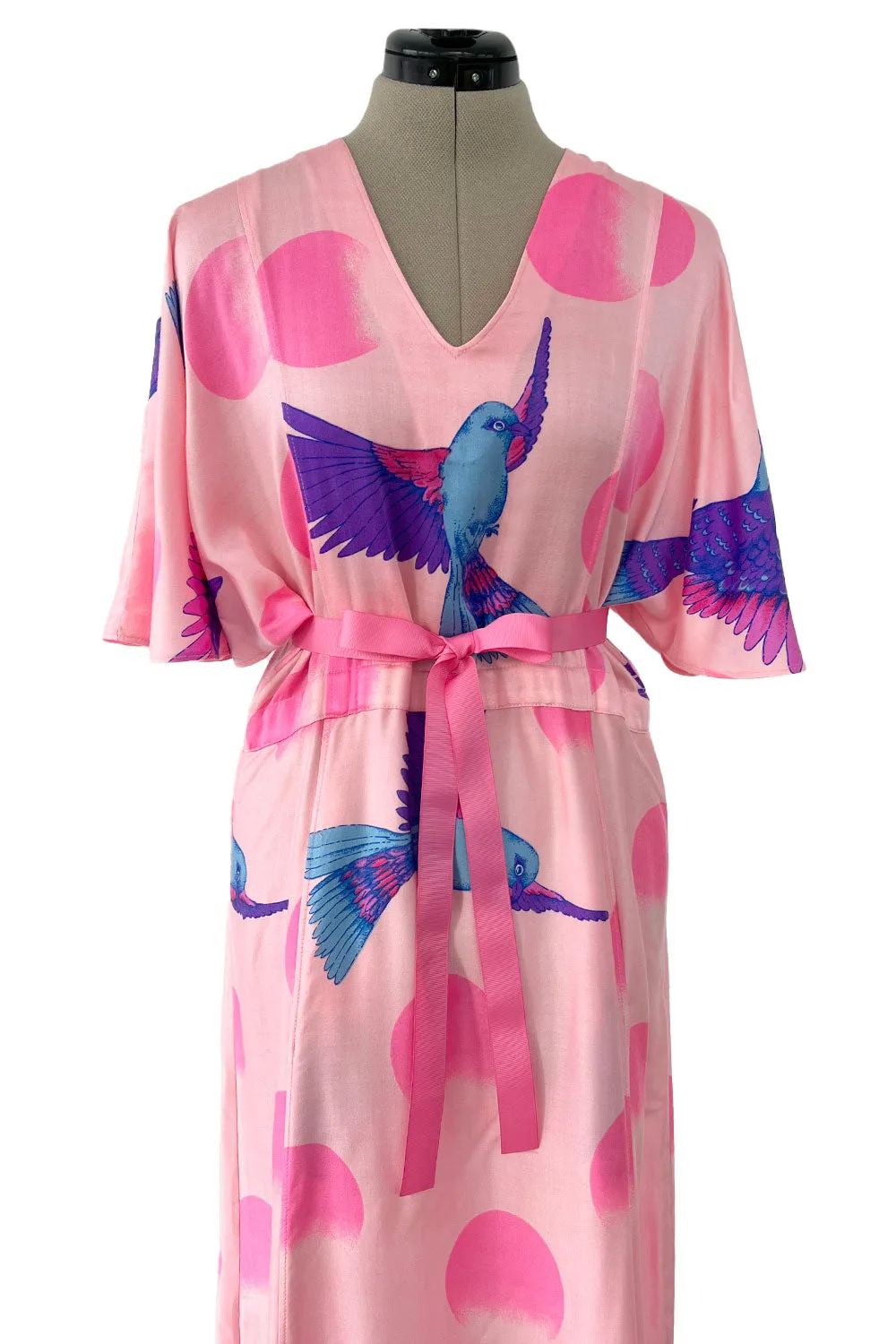 Prettiest 1970s Hanae Mori Pink Cotton Bird Print Dress w Wide Caped Sleeves