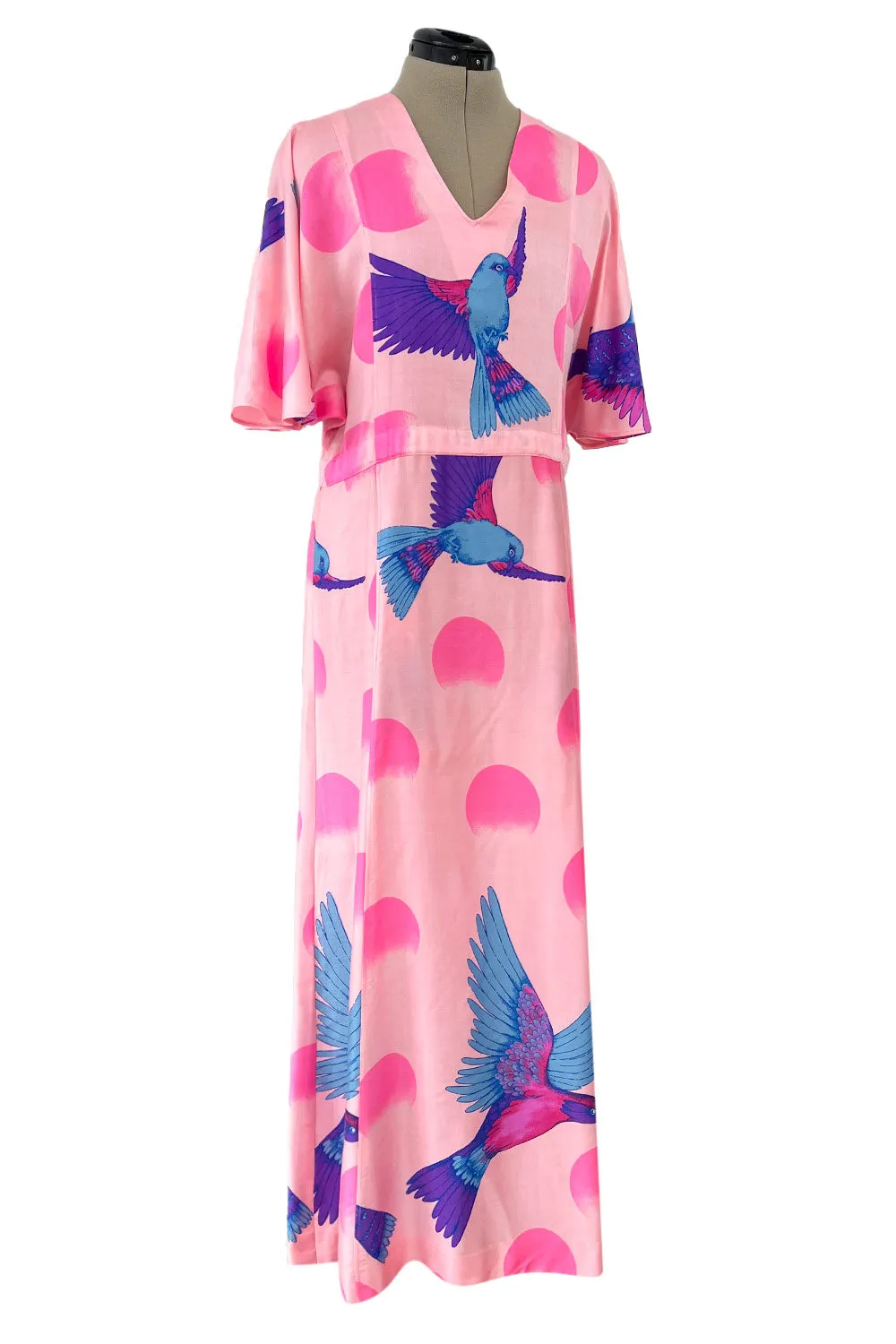 Prettiest 1970s Hanae Mori Pink Cotton Bird Print Dress w Wide Caped Sleeves