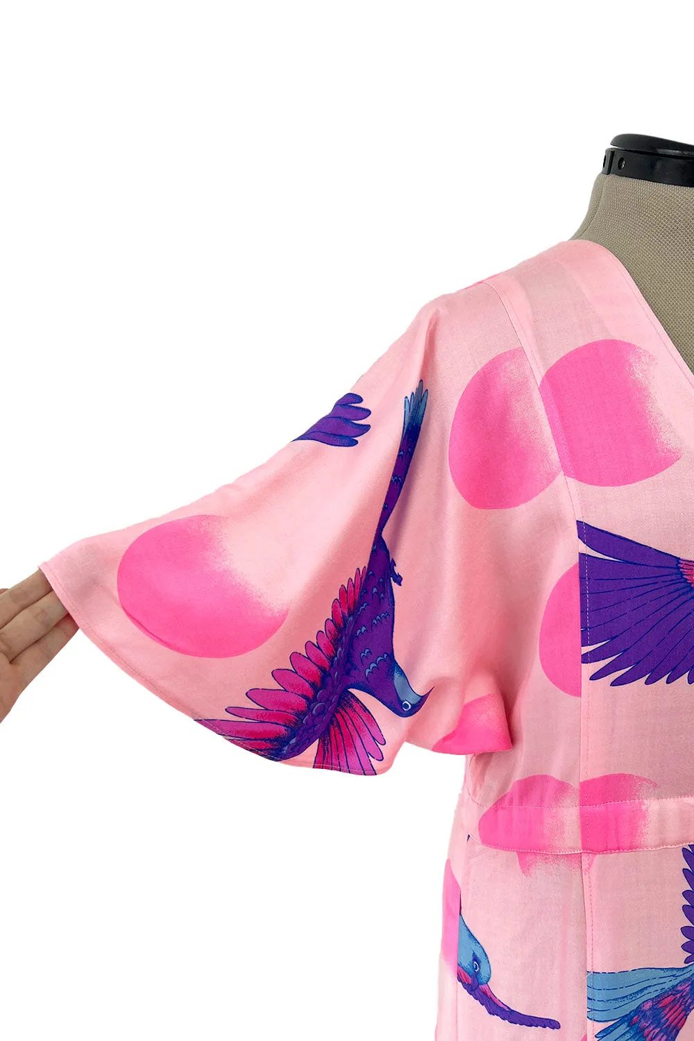Prettiest 1970s Hanae Mori Pink Cotton Bird Print Dress w Wide Caped Sleeves